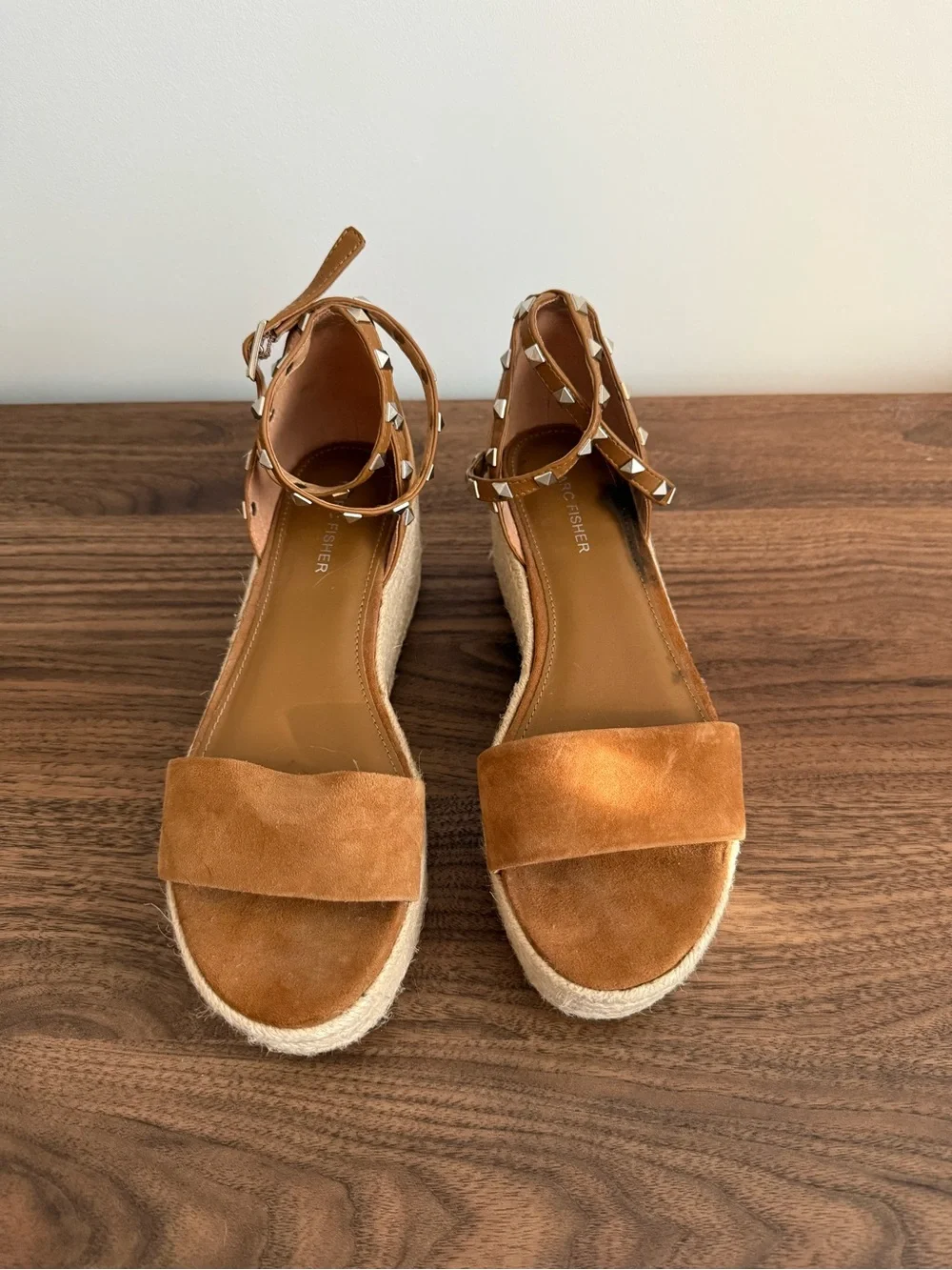 Marc Fisher Tan Suede Studded Ankle-Strap Espadrille Wedges